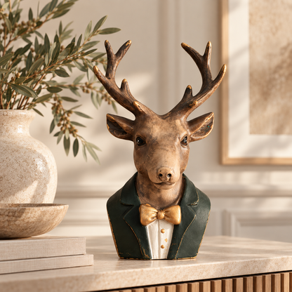 Die edle Poly-Hirsch-Büste Señor Lopez im Gentleman-Look mit grünem Frack und goldener Fliege arrangiert auf einem Sideboard neben einer hellen Vase.