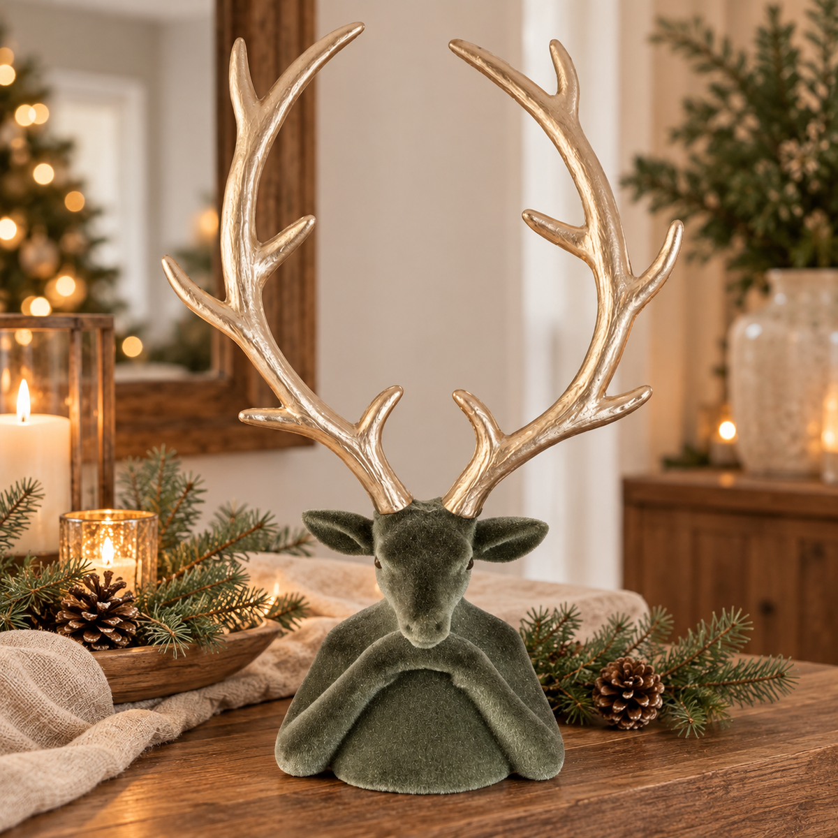 Moosgrüne, beflockte Hirschbüste mit goldenem Geweih als elegante Weihnachtsdeko, arrangiert mit Tannenzweigen, Zapfen und Kerzenlicht bei Stubenmuckelig.