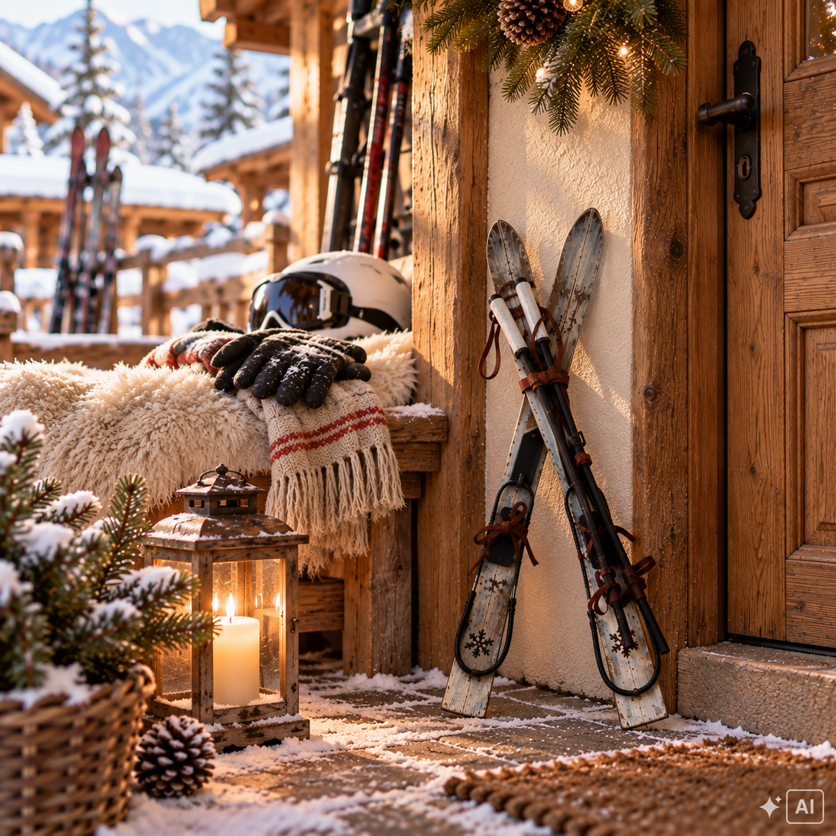 Rustikale Holz-Ski mit braunen Lederriemen und Schneeflockenmotiv als alpine Weihnachtsdeko im verschneiten Hüttenflur. Die kleinen Deko-Ski lehnen neben einer Holztür, umgeben von Tannenzweigen, Winteraccessoires und einer warm leuchtenden Laterne.