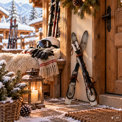 Rustikale Holz-Ski mit braunen Lederriemen und Schneeflockenmotiv als alpine Weihnachtsdeko im verschneiten Hüttenflur. Die kleinen Deko-Ski lehnen neben einer Holztür, umgeben von Tannenzweigen, Winteraccessoires und einer warm leuchtenden Laterne.