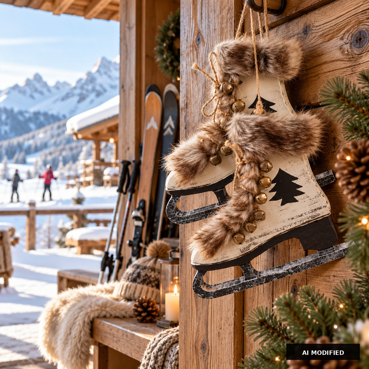 Holzdeko-Schlittschuhe mit Fell und Glöckchen an einer gemütlichen Almhütte mit Skiern und verschneiter Berglandschaft