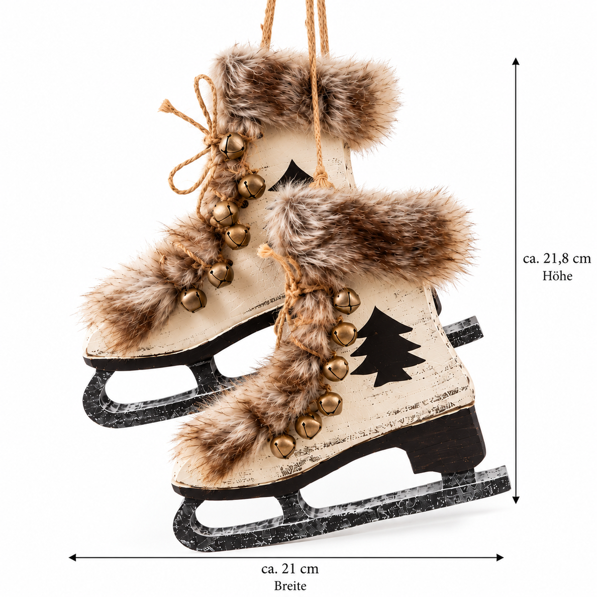 Holzdeko-Schlittschuhe mit Fell, Glöckchen und Tannenbaum-Motiv in Weiß mit ca. 21,8 cm Höhe und 21 cm Breite