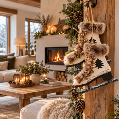Holzdeko-Schlittschuhe mit Fell und Glöckchen als stilvolle Weihnachtsdekoration in einem gemütlichen Wohnzimme