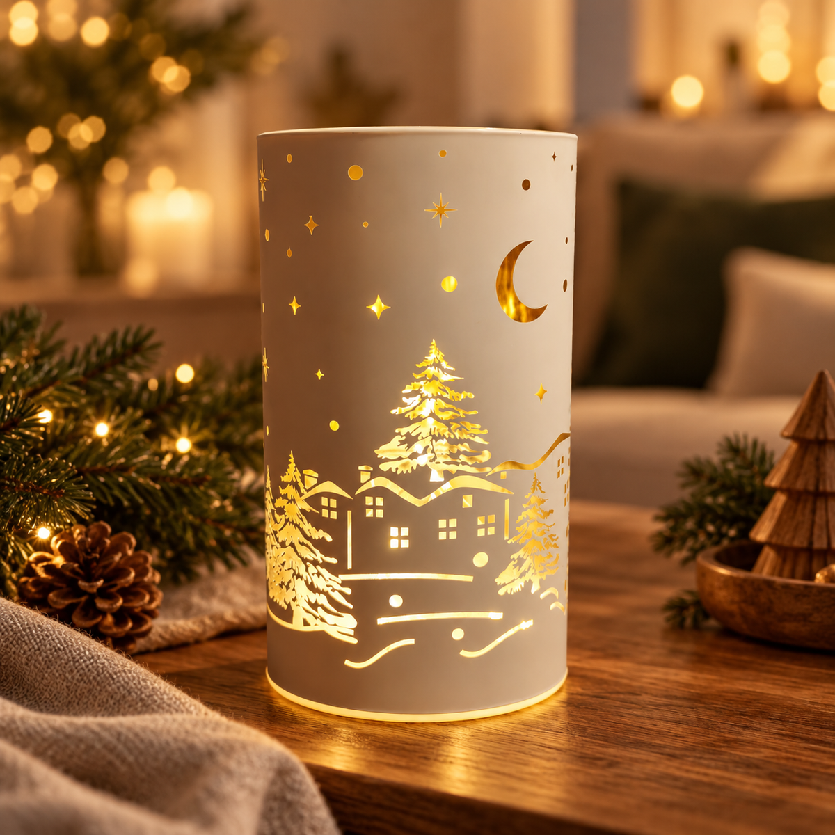 LED-Weihnachtsleuchte mit leuchtendem Winterdorf, Häusern, Tannenbäumen, Mond und Sternen – stimmungsvolle Weihnachtsdekoration in warmem Goldlicht im gemütlichen Interior-Stil von Stubenmuckelig.
