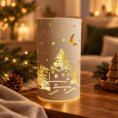 LED-Weihnachtsleuchte mit leuchtendem Winterdorf, Häusern, Tannenbäumen, Mond und Sternen – stimmungsvolle Weihnachtsdekoration in warmem Goldlicht im gemütlichen Interior-Stil von Stubenmuckelig.