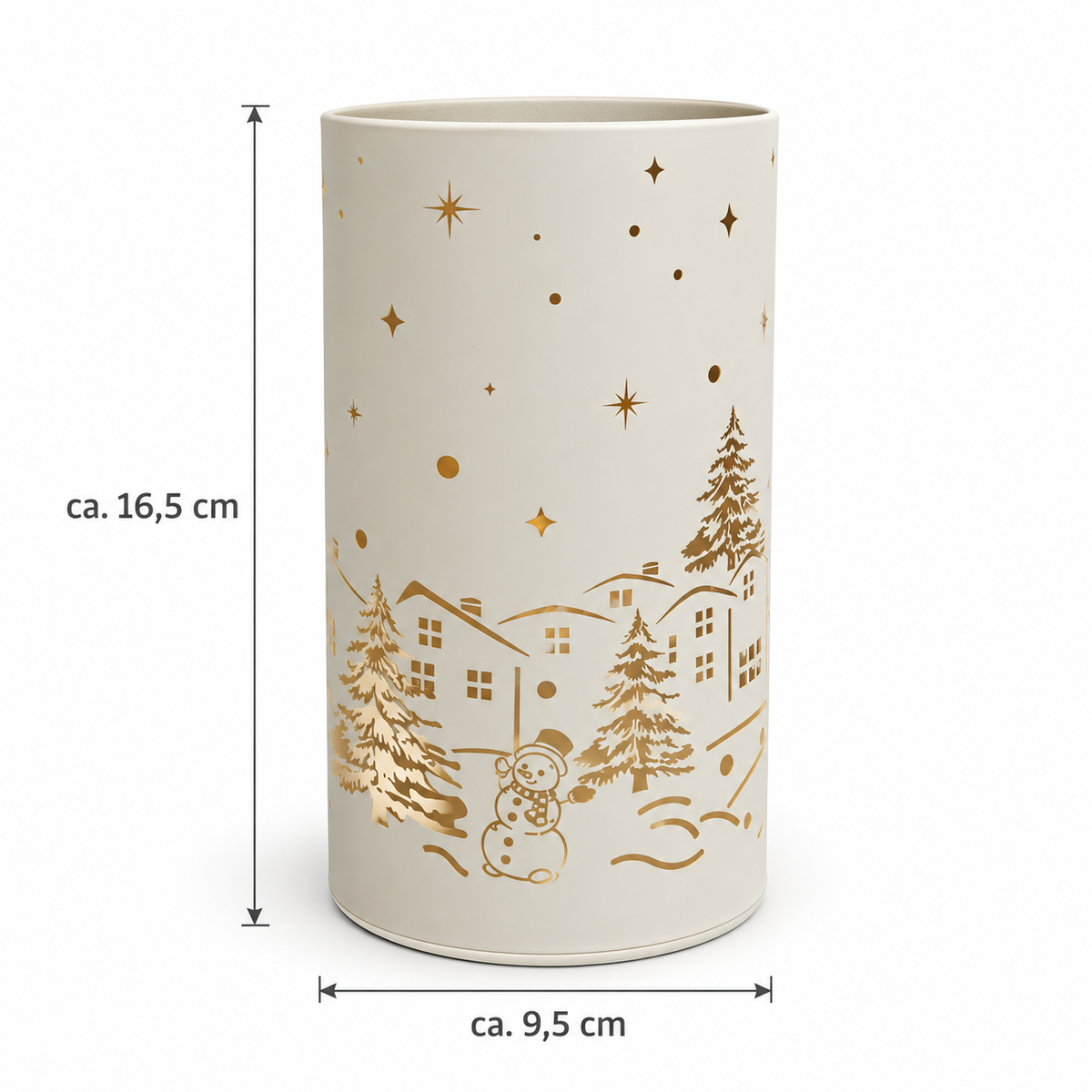 LED-Weihnachtsleuchte in Creme mit goldfarbenem Winterdorf, Tannenbäumen und Schneemann. Maße: ca. 16,5 cm hoch und 9,5 cm breit.