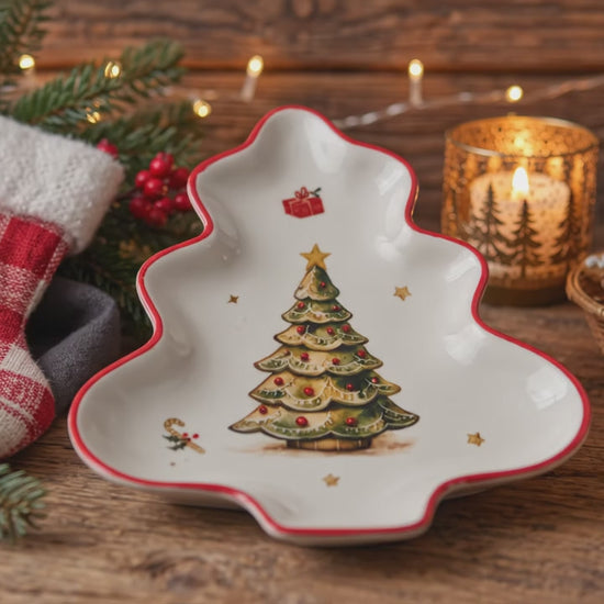 Weißer Weihnachtsteller in Tannenbaumform mit rotem Rand und klassischem geschmücktem Tannenbaum-Motiv in Grün, Rot und Gold.