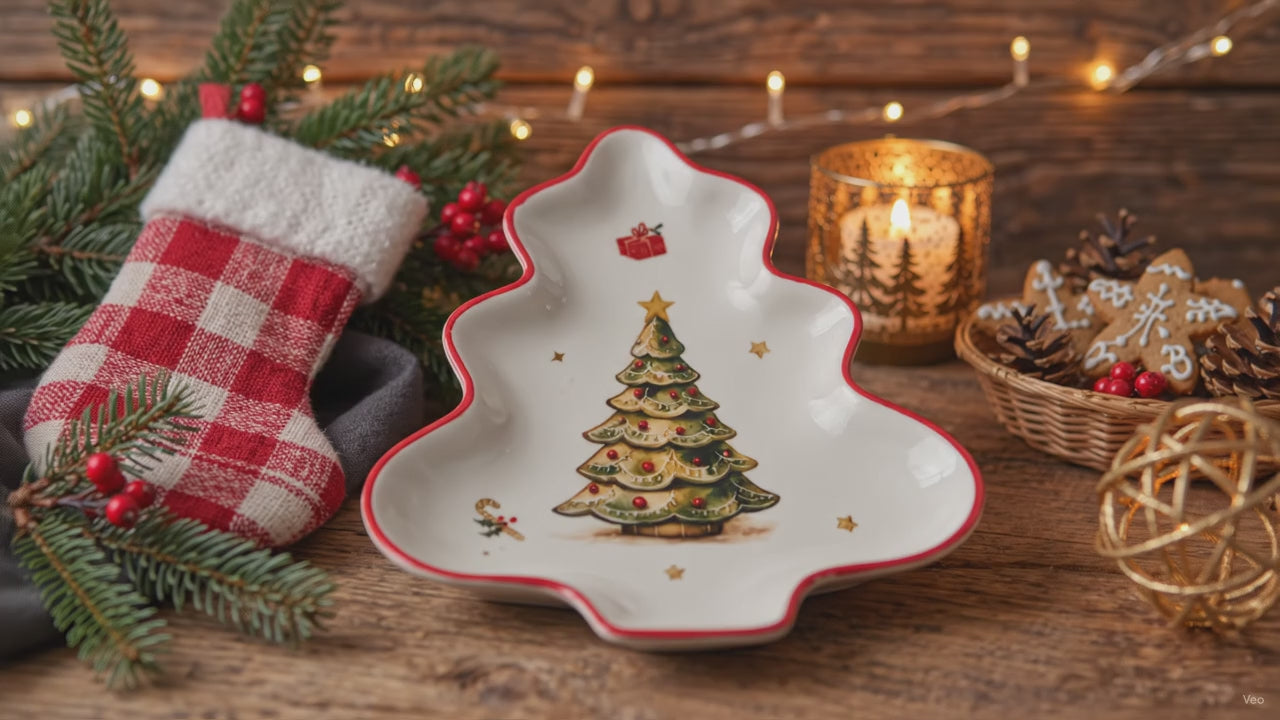 Weißer Weihnachtsteller in Tannenbaumform mit rotem Rand und klassischem geschmücktem Tannenbaum-Motiv in Grün, Rot und Gold.