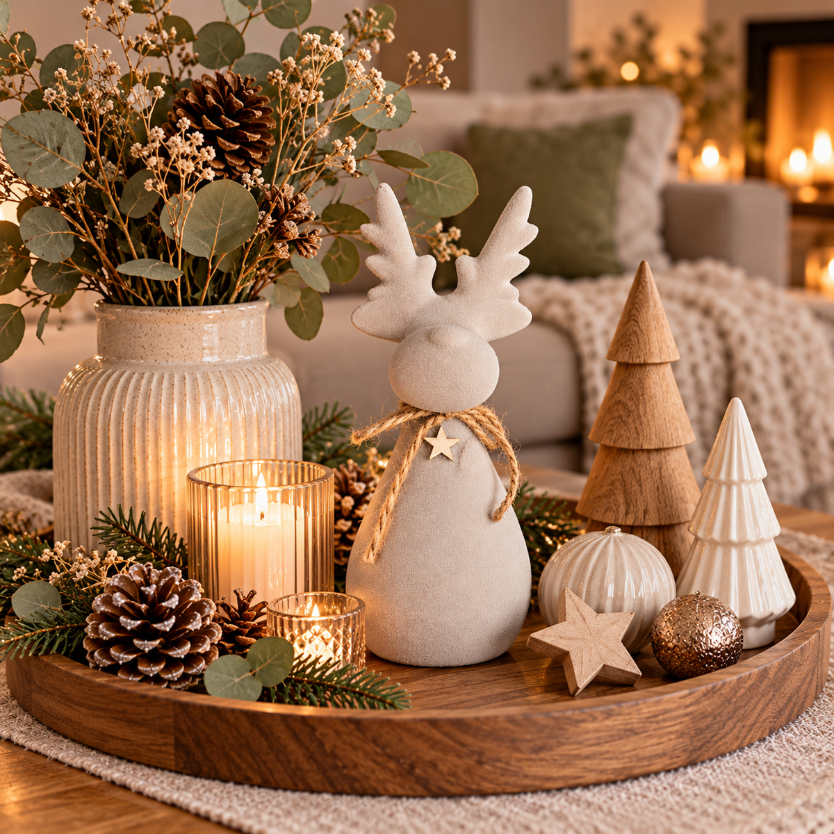Hirsch aus Ton in Beige – natürliche Weihnachtsdeko im Landhausstil