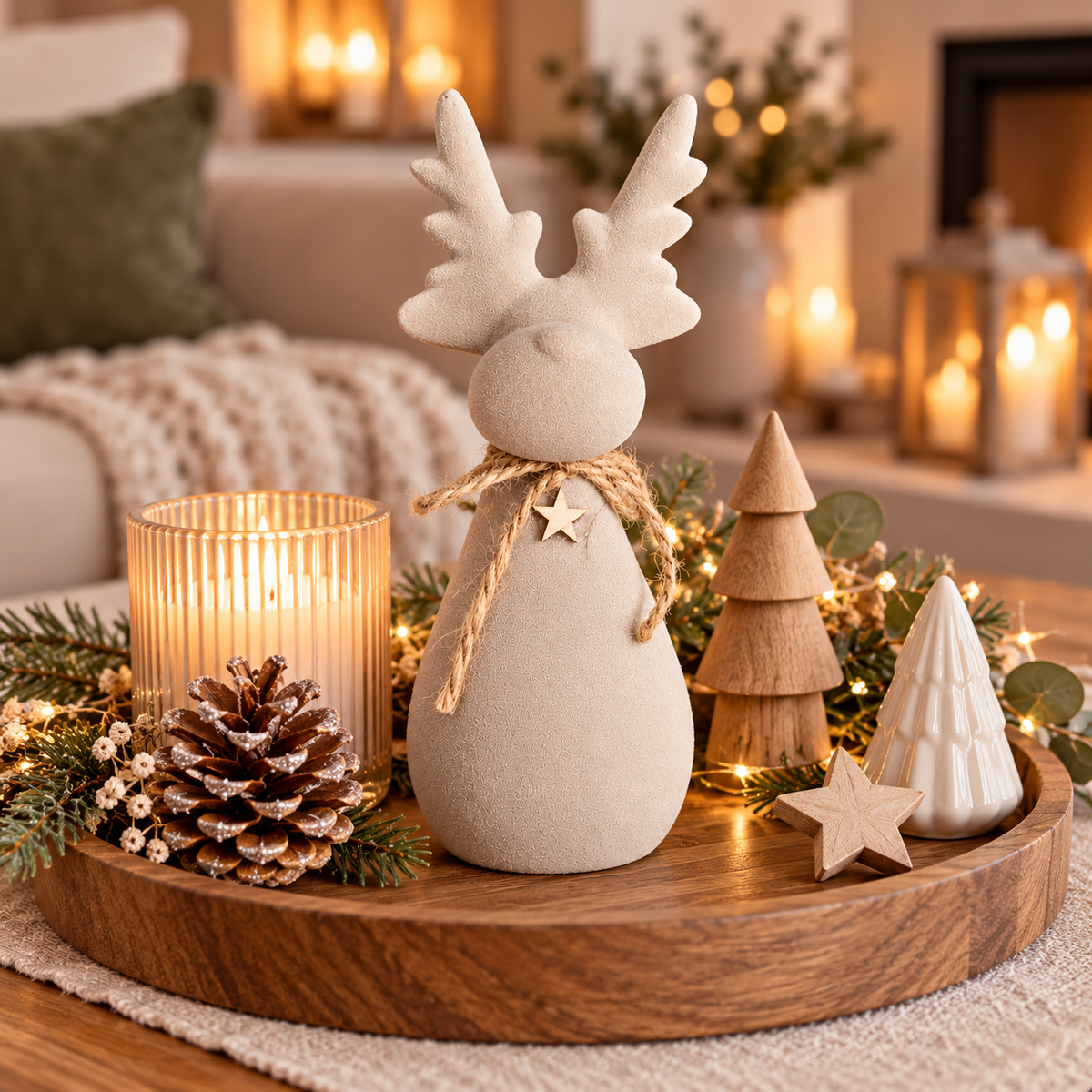 Hirsch aus Ton in Beige – natürliche Weihnachtsdeko im Landhausstil