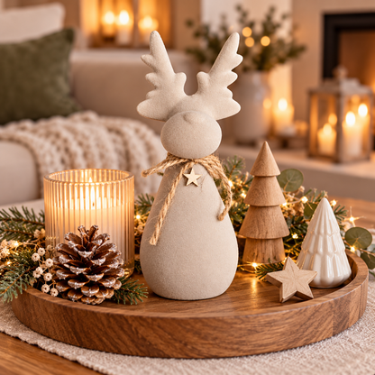 Hirsch aus Ton in Beige – natürliche Weihnachtsdeko im Landhausstil