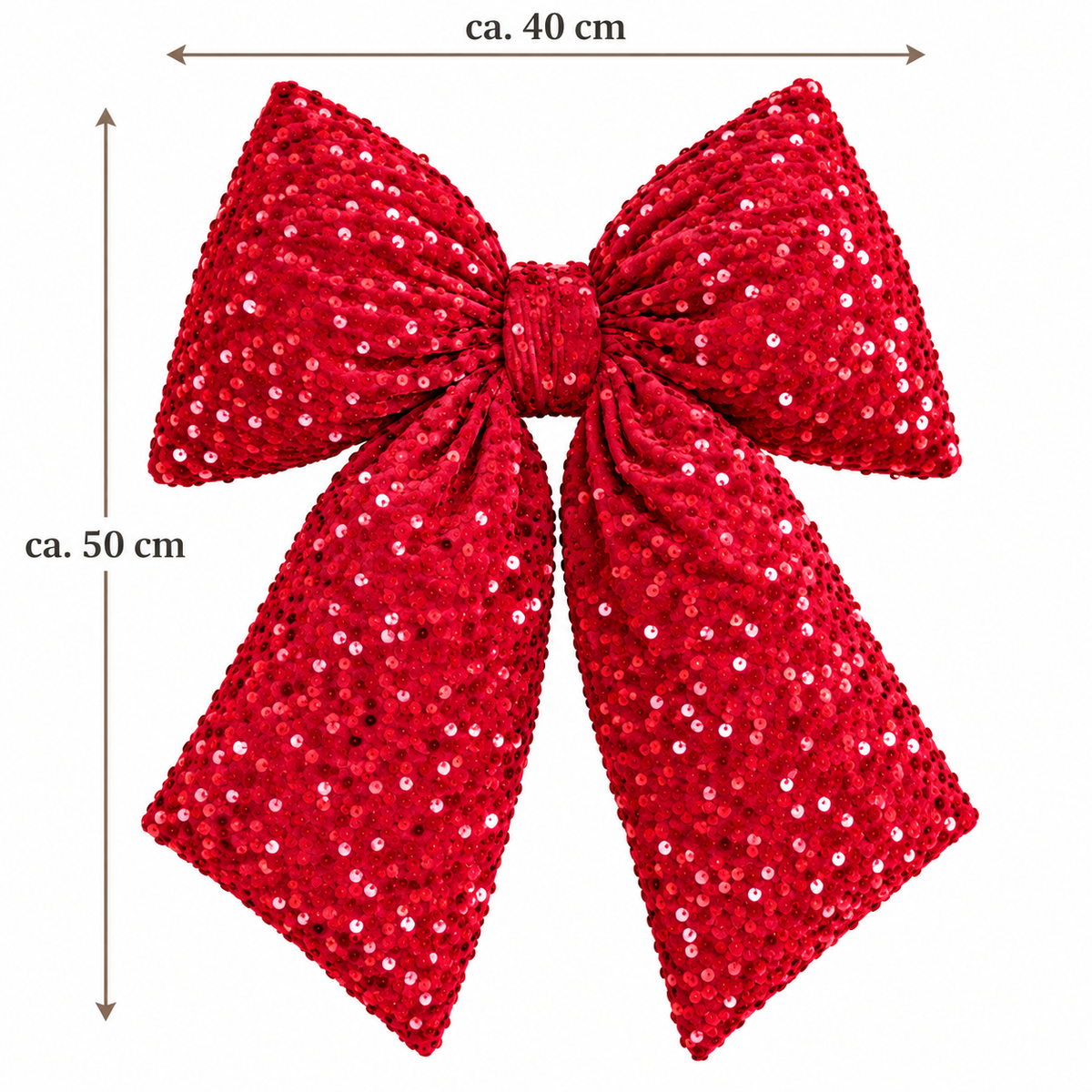 Rote Paillettenschleife mit funkelnden roten Glitzerpailletten, ca. 40 cm breit und 50 cm hoch, auf weißem Hintergrund mit Maßangaben – festliche Weihnachtsdeko für Haustür und Zuhause.