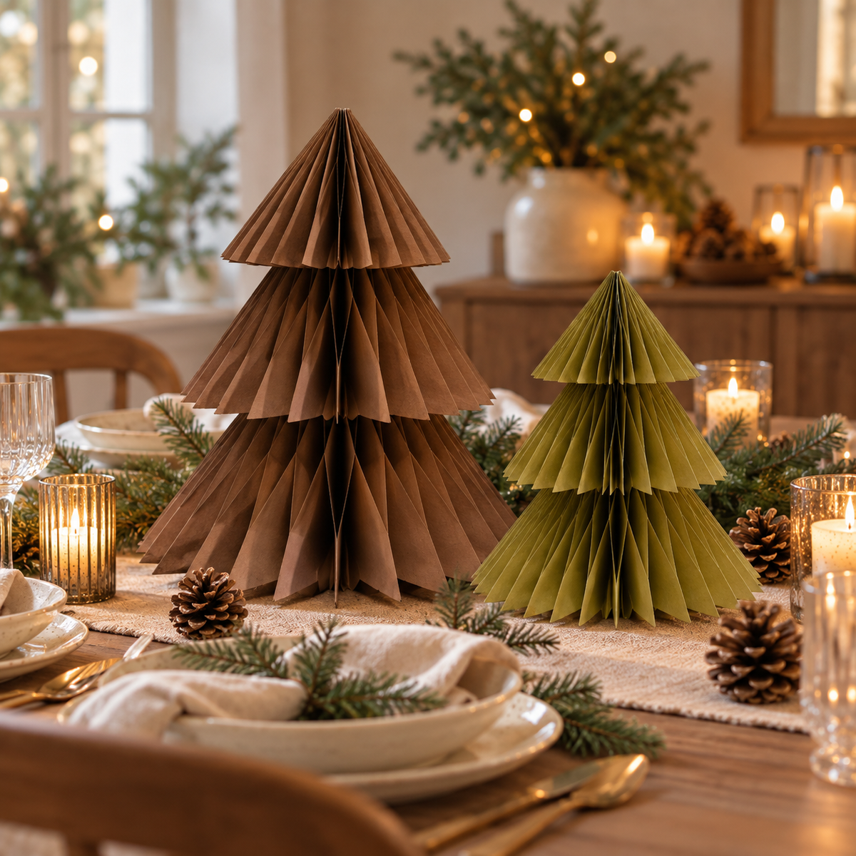 Zwei gefaltete Tannenbäume aus Papier in Braun und Moosgrün als Weihnachtsdeko auf einem festlich gedeckten Tisch mit Tannenzweigen, Zapfen und Kerzen.