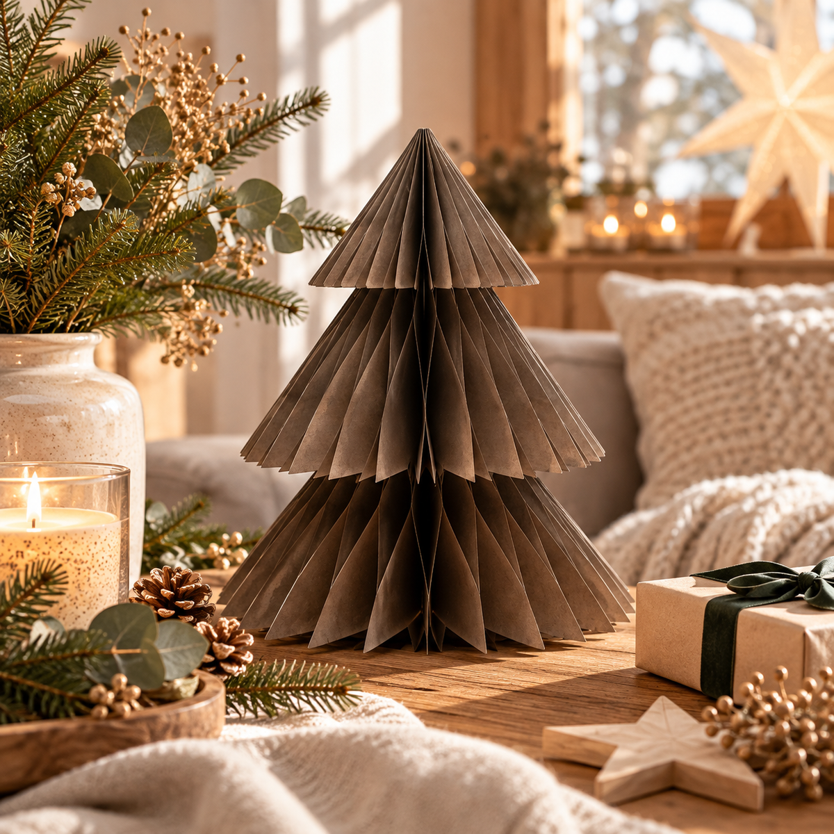 Großer brauner Tannenbaum aus gefaltetem Papier als Weihnachtsdeko auf einem Holztisch, umgeben von Kerzenschein, Tannenzweigen, Zapfen und natürlichen Wohnaccessoires.