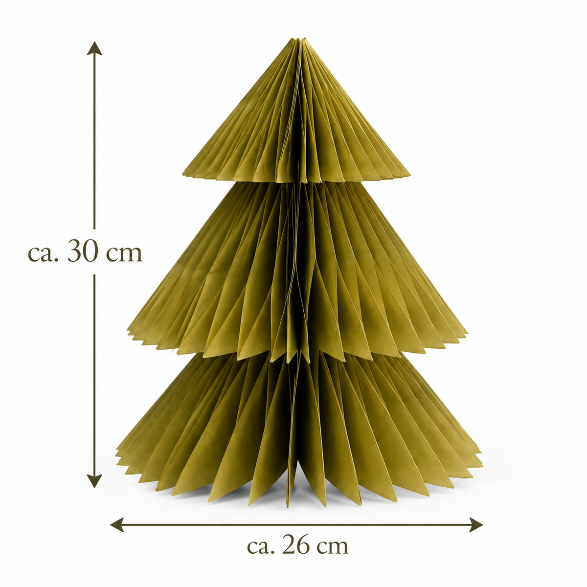 Grüner Tannenbaum aus gefaltetem Papier auf weißem Hintergrund mit Maßangaben: ca. 30 cm hoch und ca. 26 cm breit.