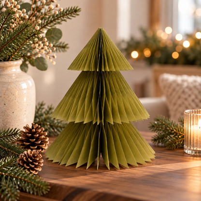 Grüner Tannenbaum aus gefaltetem Papier als stilvolle Weihnachtsdeko auf einem Holztisch, dekoriert mit Tannenzweigen, Zapfen und einer leuchtenden Kerze im gemütlichen Hygge-Stil.