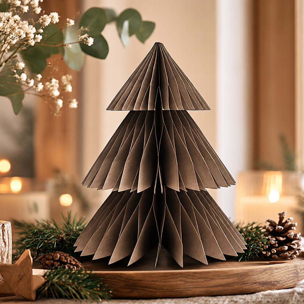 Brauner Tannenbaum aus gefaltetem Papier von PaperART als stilvolle Weihnachtsdekoration im natürlichen Hygge-Stil, dekoriert mit Tannenzweigen, Zapfen und Kerzen.