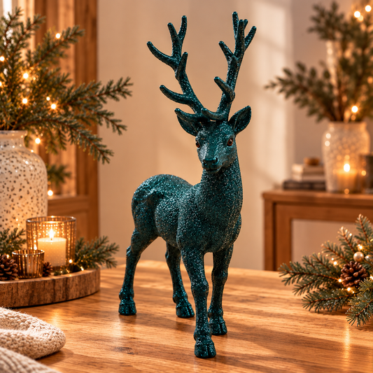 Glitzernder Deko-Hirsch in Petrol als stilvolle Weihnachtsdekoration auf einem Holztisch, kombiniert mit Tannenzweigen, Tannenzapfen und Kerzen im warm beleuchteten Wohnzimmer.