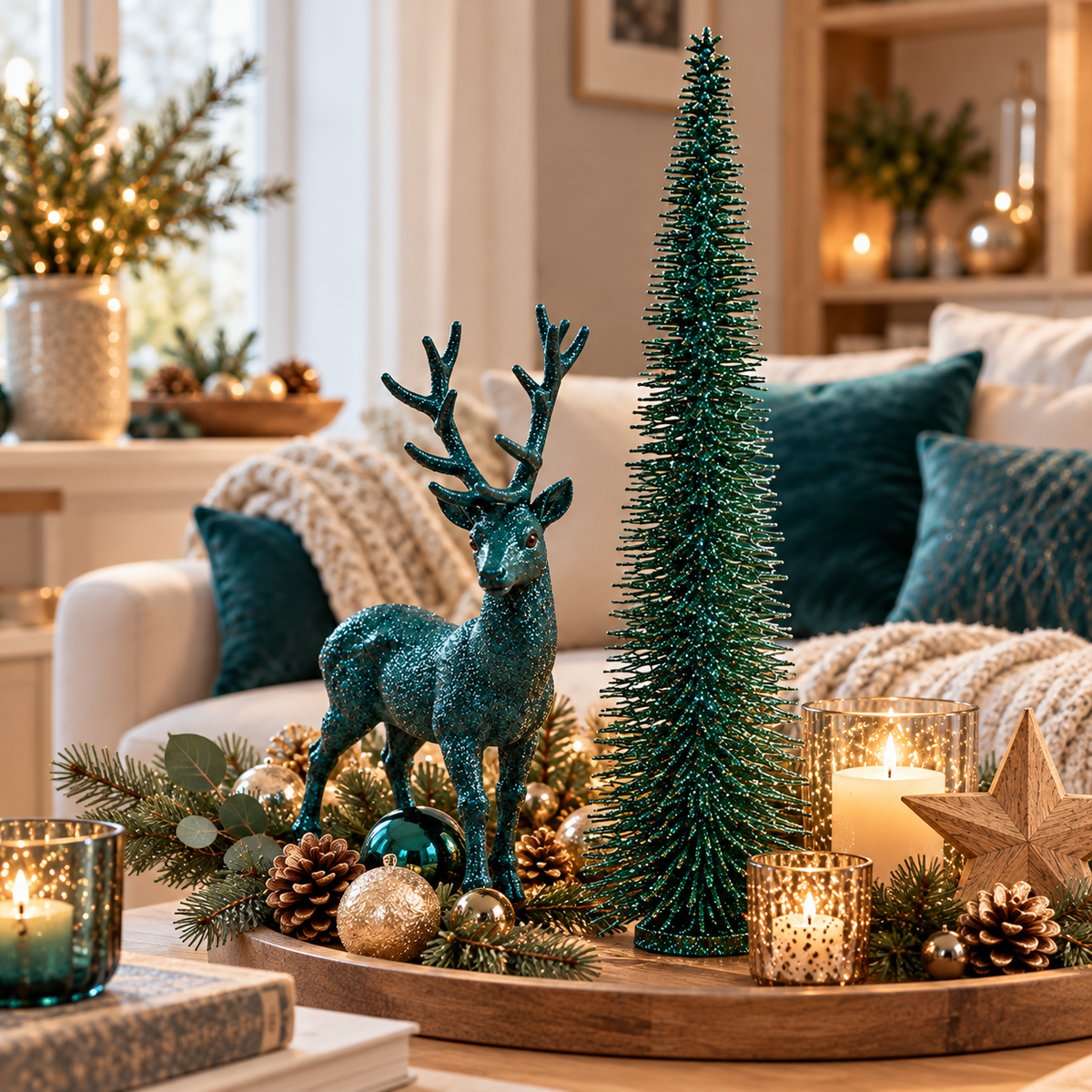 Edle Weihnachtsdeko in Petrol und Gold mit glitzerndem Hirsch, dunkelgrünem Deko-Tannenbaum, goldenen Weihnachtskugeln, Tannenzapfen und Kerzen auf einem Holztablett im gemütlichen Wohnzimmer.