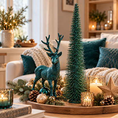 Edle Weihnachtsdeko in Petrol und Gold mit glitzerndem Hirsch, dunkelgrünem Deko-Tannenbaum, goldenen Weihnachtskugeln, Tannenzapfen und Kerzen auf einem Holztablett im gemütlichen Wohnzimmer.