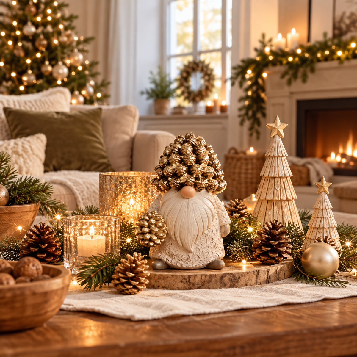 Cremefarbener Deko-Wichtel mit goldenem Tannenzapfenhut und Zapfen in der Hand, festlich arrangiert mit Tannengrün, Kerzen und Holzdeko im gemütlichen Wohnzimmer zur Weihnachtszeit.