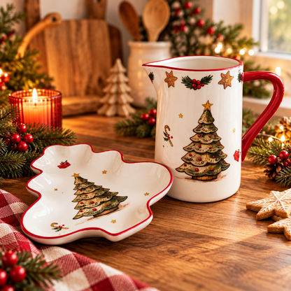 Nostalgisches Weihnachtsgeschirr mit weißem Keramikkrug mit rotem Henkel und klassischem Tannenbaum-Motiv sowie passender Tannenbaum-Schale mit rotem Rand und Weihnachtsdekor auf einem festlich dekorierten Holztisch.