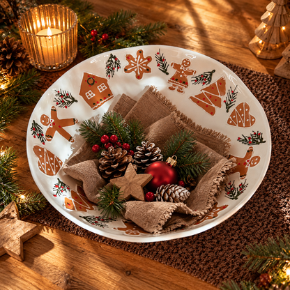 Große weiße Weihnachtsschale mit Lebkuchenmotiven, brauner Leinenserviette, Tannenzweigen, Zapfen und roter Weihnachtskugel auf einem Holztisch