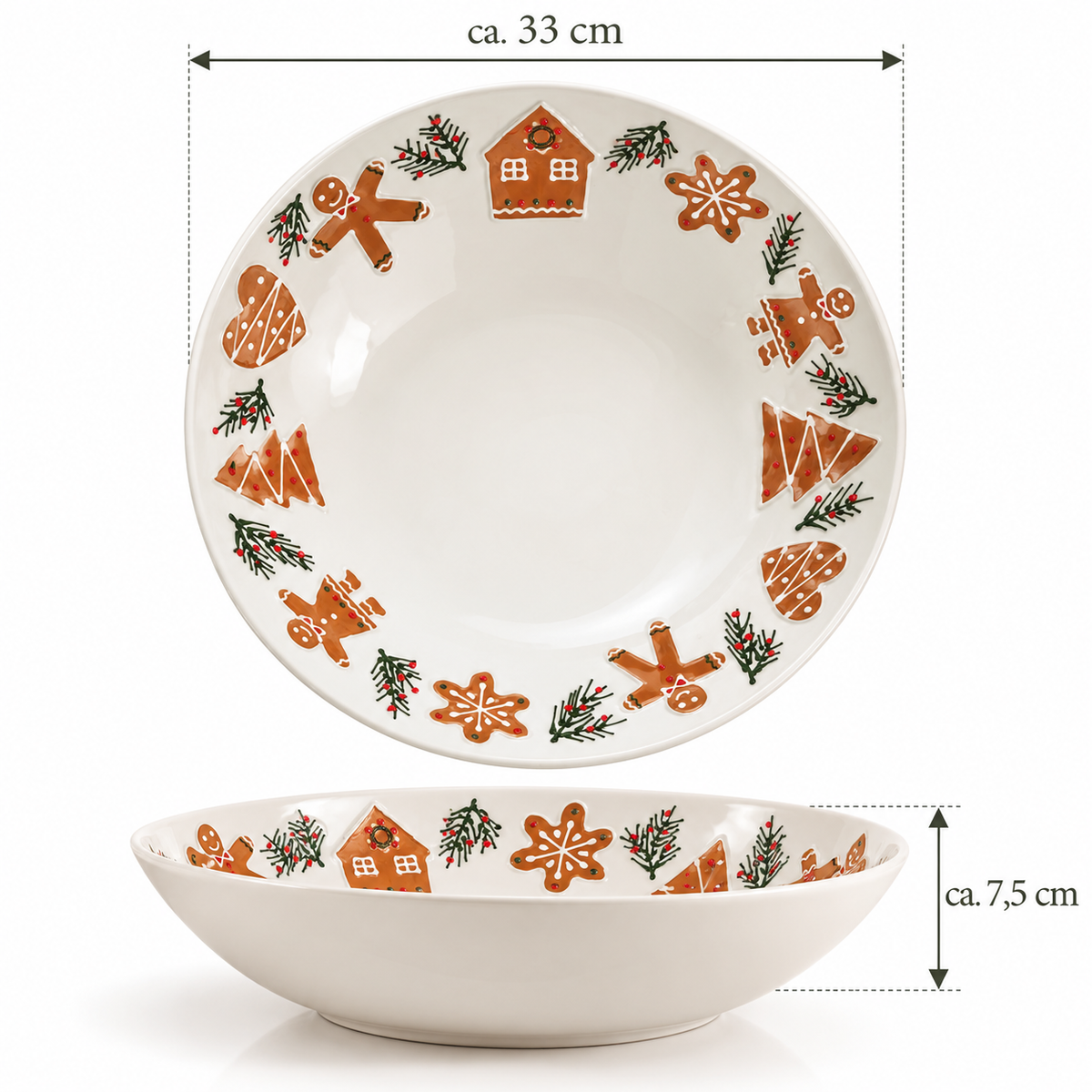 Große weiße Weihnachtsschale mit Lebkuchenmotiven und Weihnachtsdekoration, Breite ca. 33 cm und Höhe ca. 7,5 cm