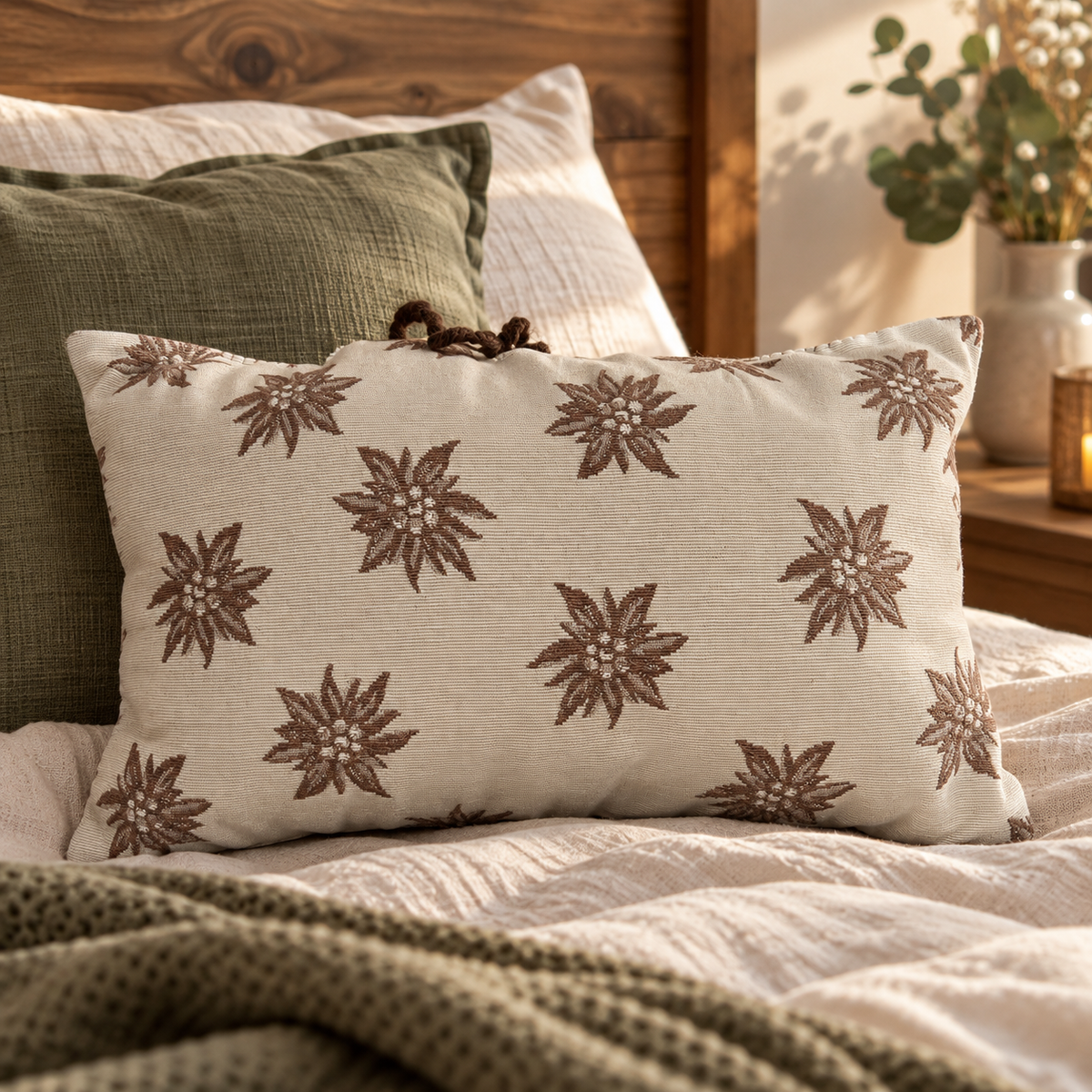 Zirbenkissen 30 x 20 cm mit braunem Edelweiß-Muster auf einem gemütlich dekorierten Bett im Schlafzimmer