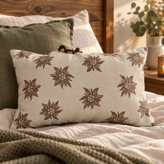 Zirbenkissen 30 x 20 cm mit braunem Edelweiß-Muster auf einem gemütlich dekorierten Bett im Schlafzimmer