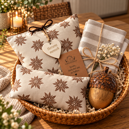 Zirbenkissen mit Edelweiß-Muster und liebevoll angehängtem Herzanhänger als besondere Geschenkidee von Stubenmuckelig