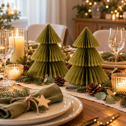 Zwei gleich große grüne Tannenbäume aus gefaltetem Papier als Weihnachtsdeko auf einem festlich gedeckten Holztisch mit Tannenzweigen, Zapfen und warmem Kerzenschein.